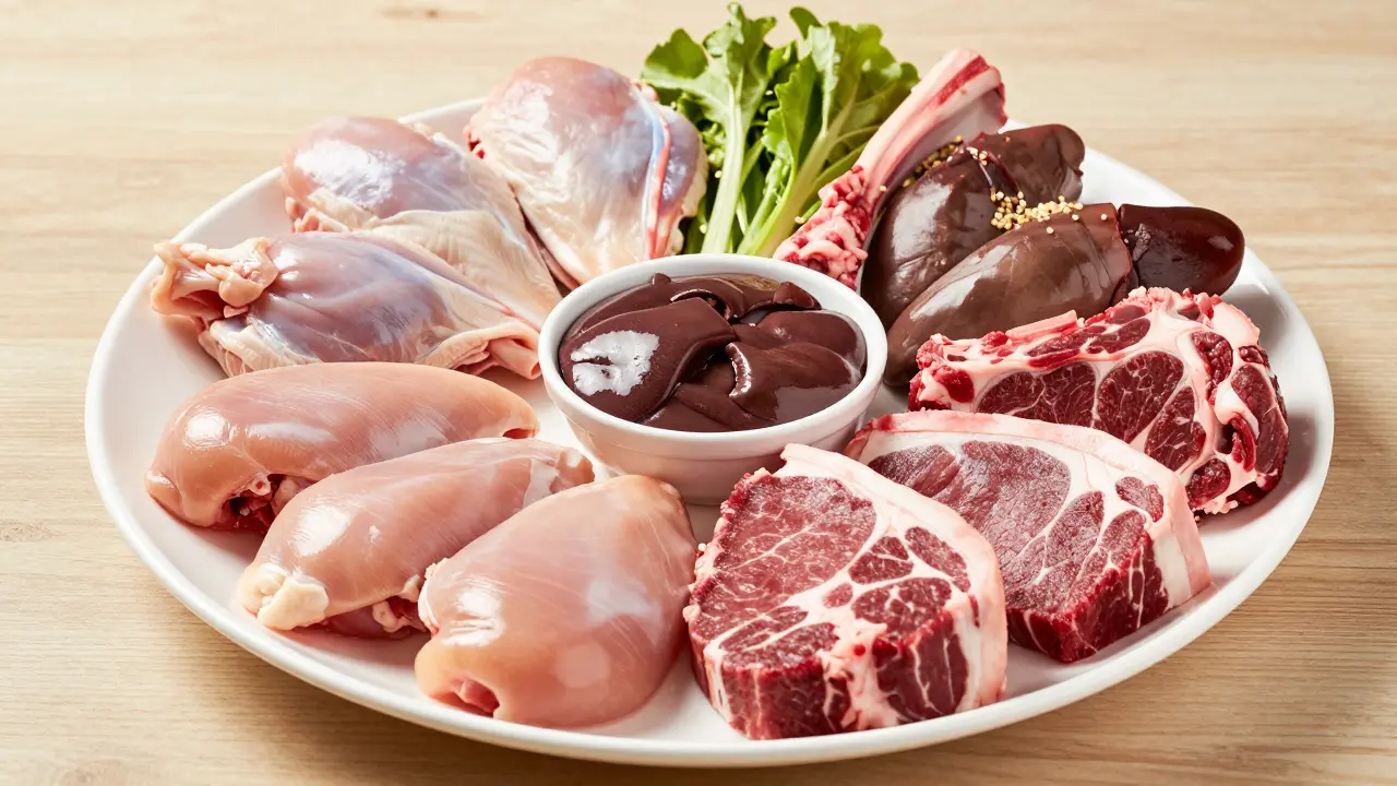 Разнообразное сырое мясо и субпродукты на тарелке для собаки
