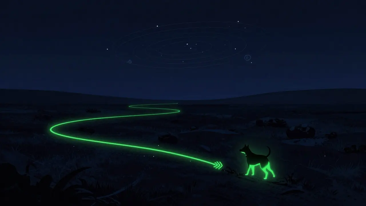 Silhouette of a dog with a glowing GPS path in the night wilderness