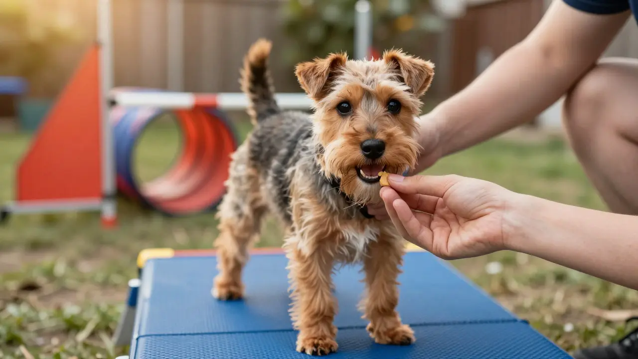 Small dog standing on an agility platform receiving a treat from its owner