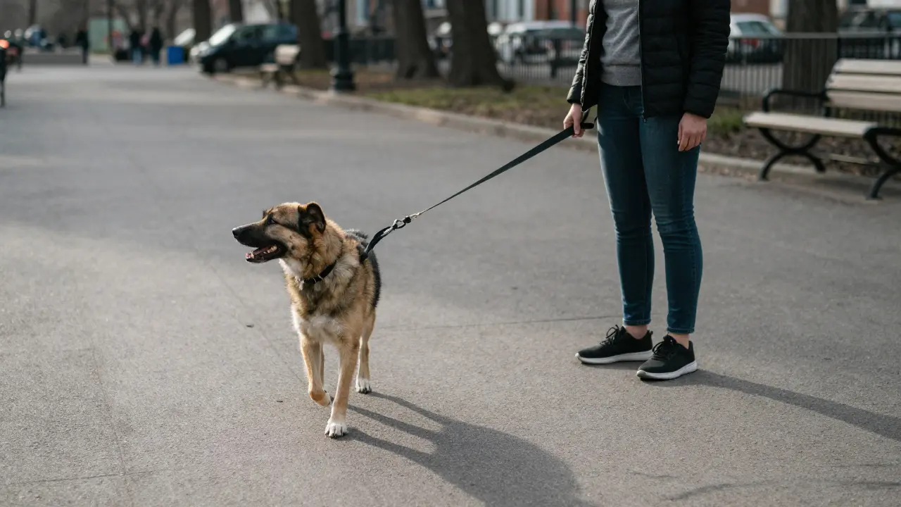 Собака тянет поводок, а владелец спокойно наблюдает за её реакцией