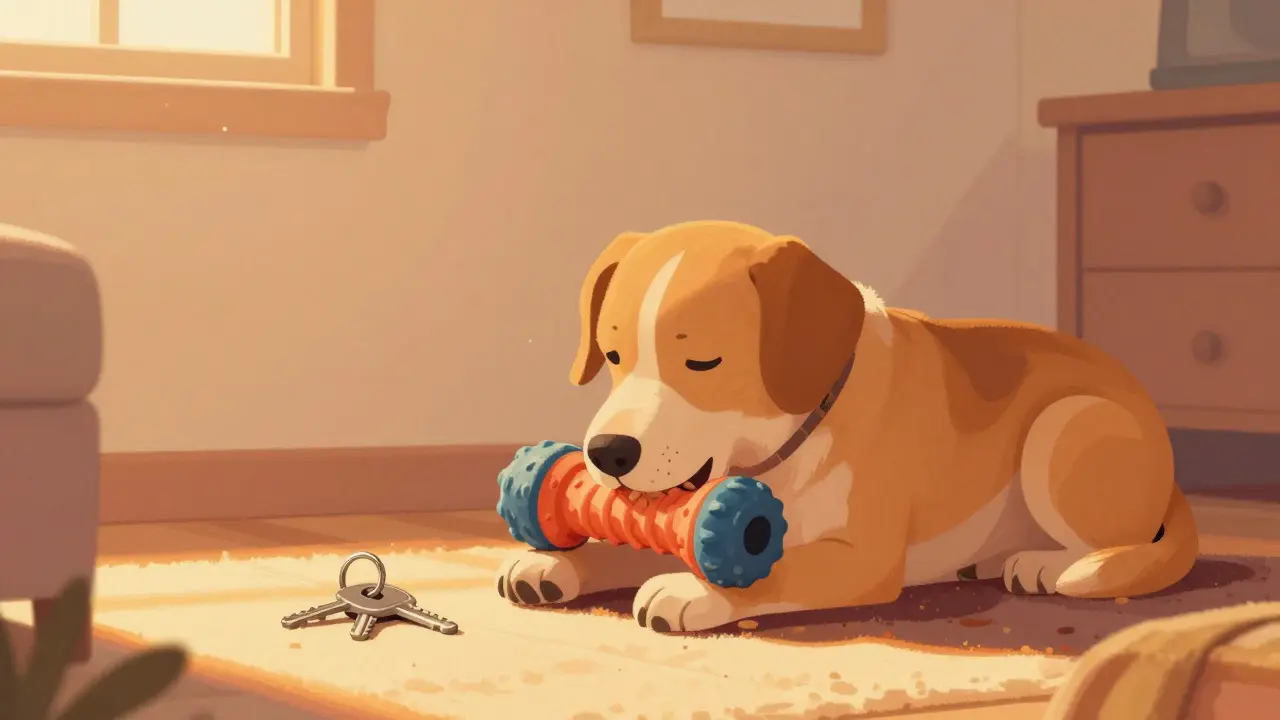 Спокойная собака жует игрушку с едой, игнорируя ключи