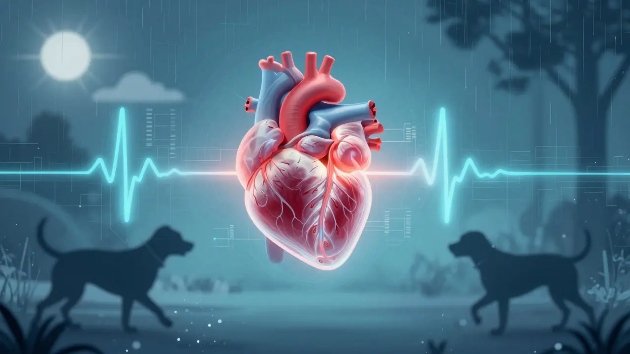 Stylized illustration of a dog's heart with pulse waves