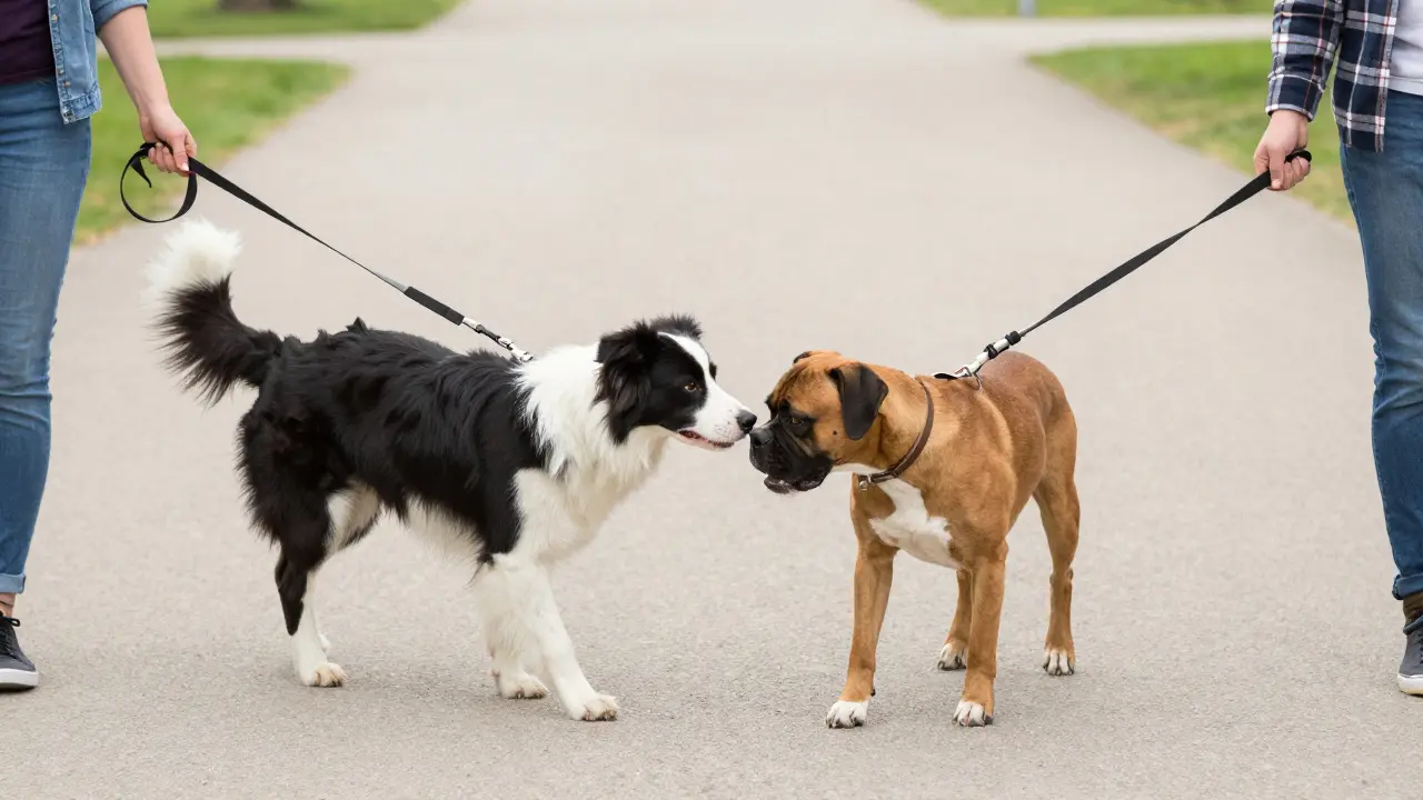 Two dogs on leashes walking side-by-side and sniffing each other safely in a park