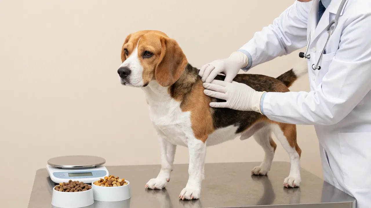 Ветеринар проверяет состояние тела бигля, оценивая его кондицию
