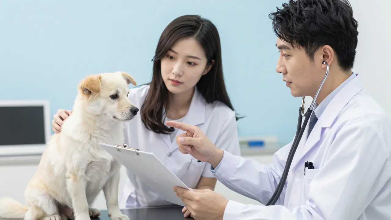 Veterinarian discussing treatment plan with dog owner and pet