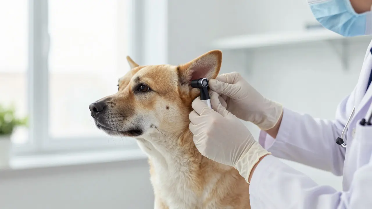 Veterinarian examining a dog's ear in a clinic
