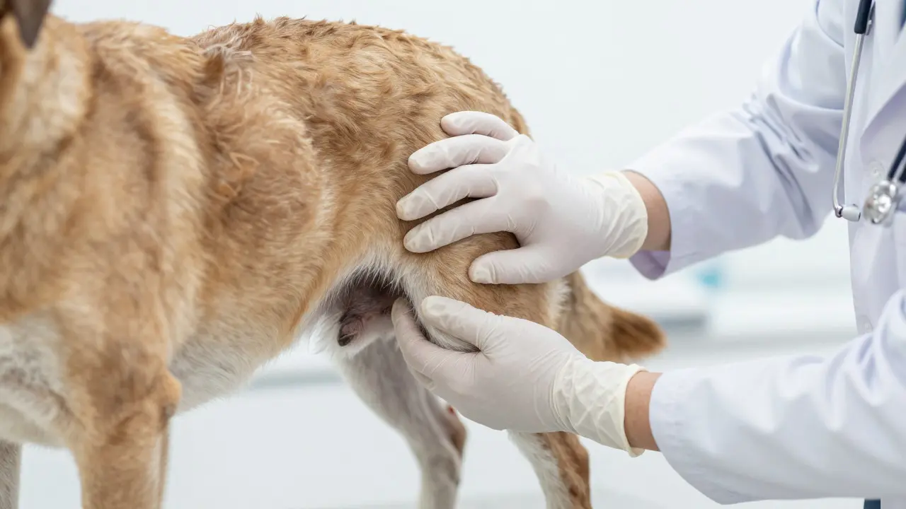 Veterinarian examining a senior dog's hind leg