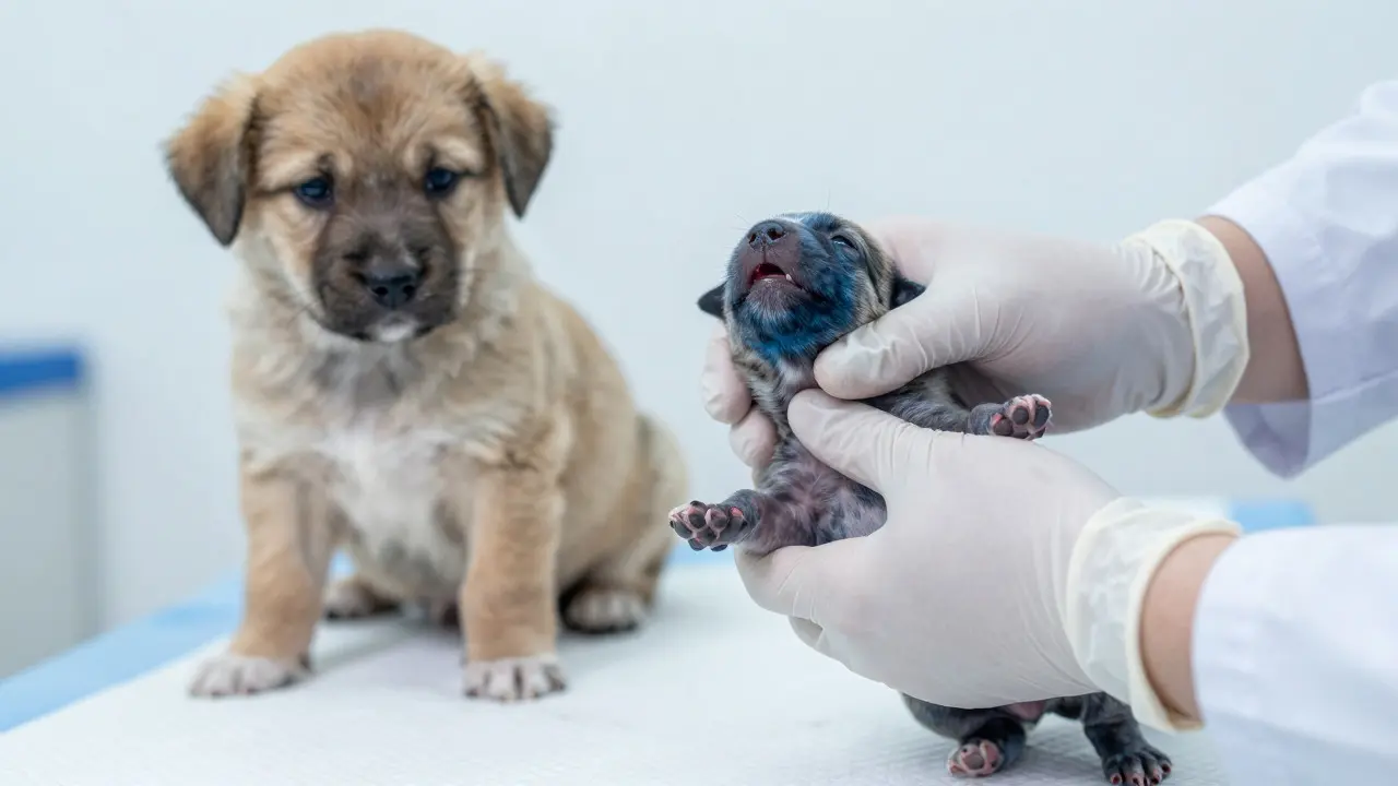 Veterinarian performing emergency resuscitation on a newborn blue-tinged puppy