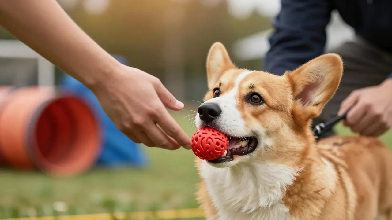 Welsh Corgi holding a red ball in its mouth, looking at handler during training