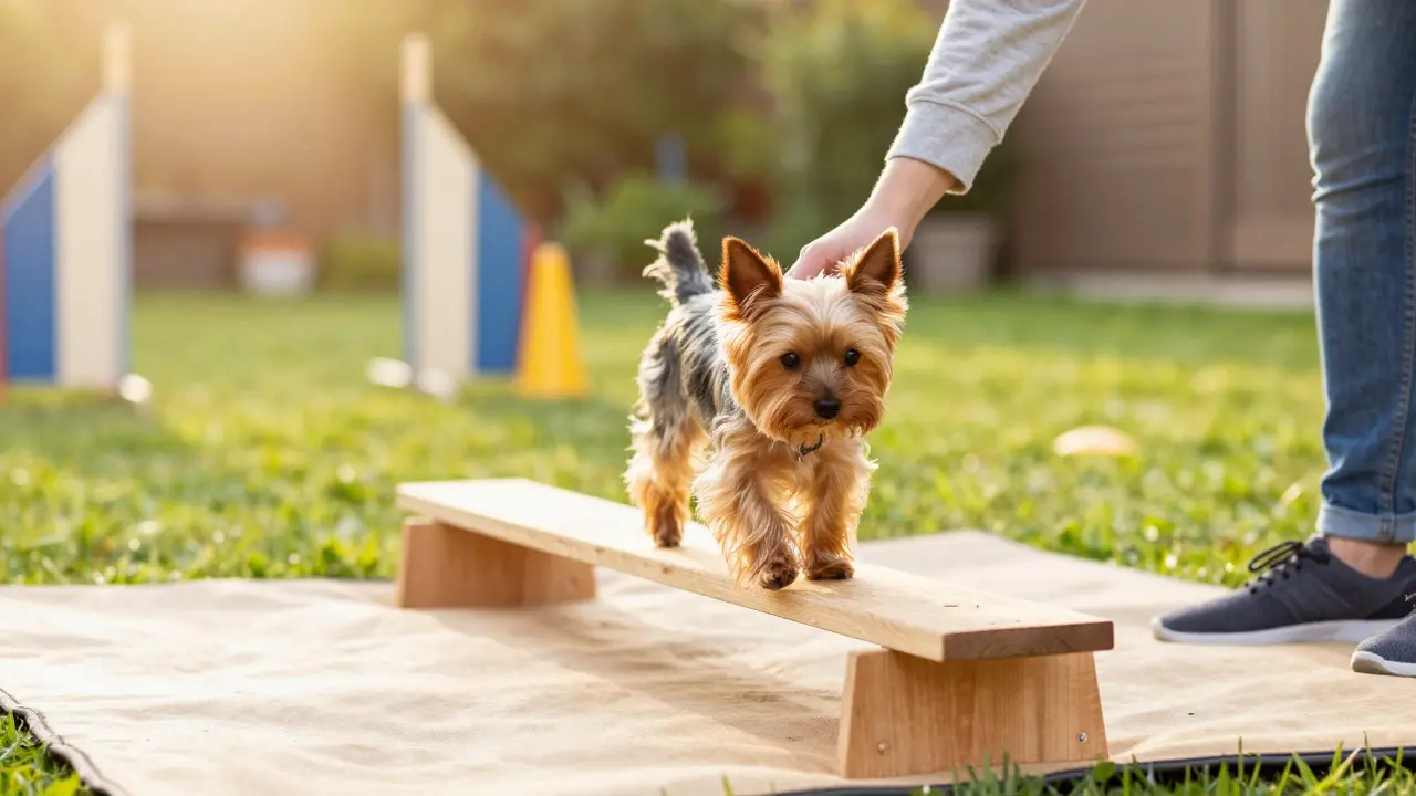 Yorkshire Terrier balancing on a low wooden beam during training