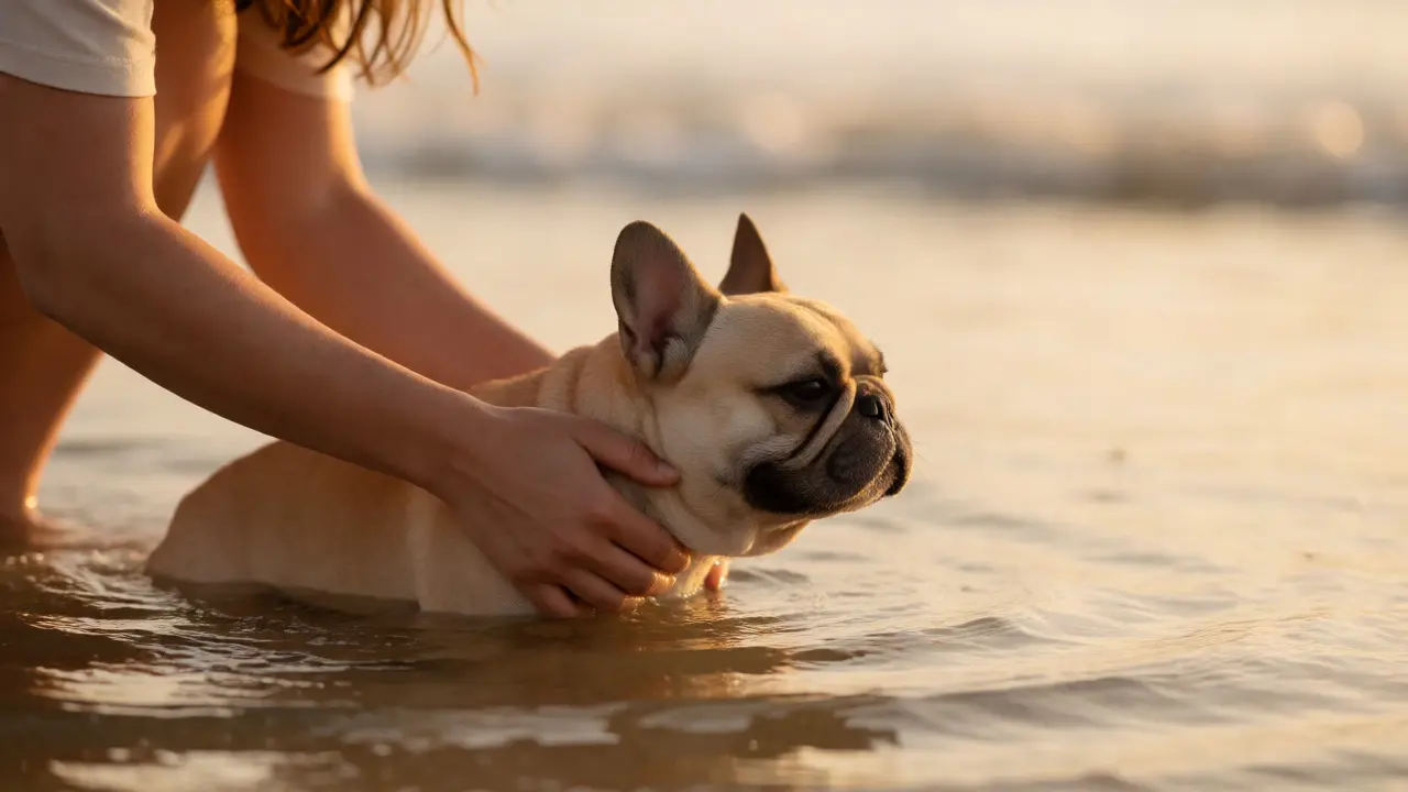 Хозяин поддерживает бульдога в мелкой воде на пляже