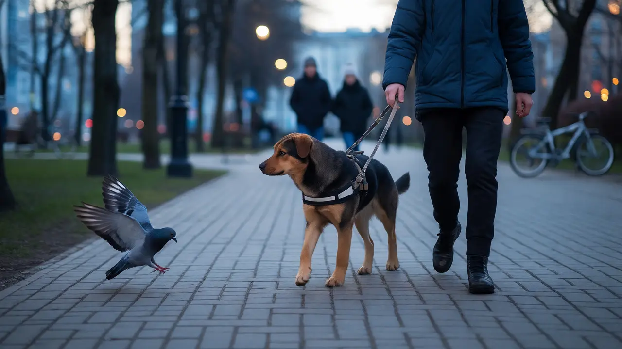 Щенок спокойно гуляет по парку, игнорируя голубей и прохожих